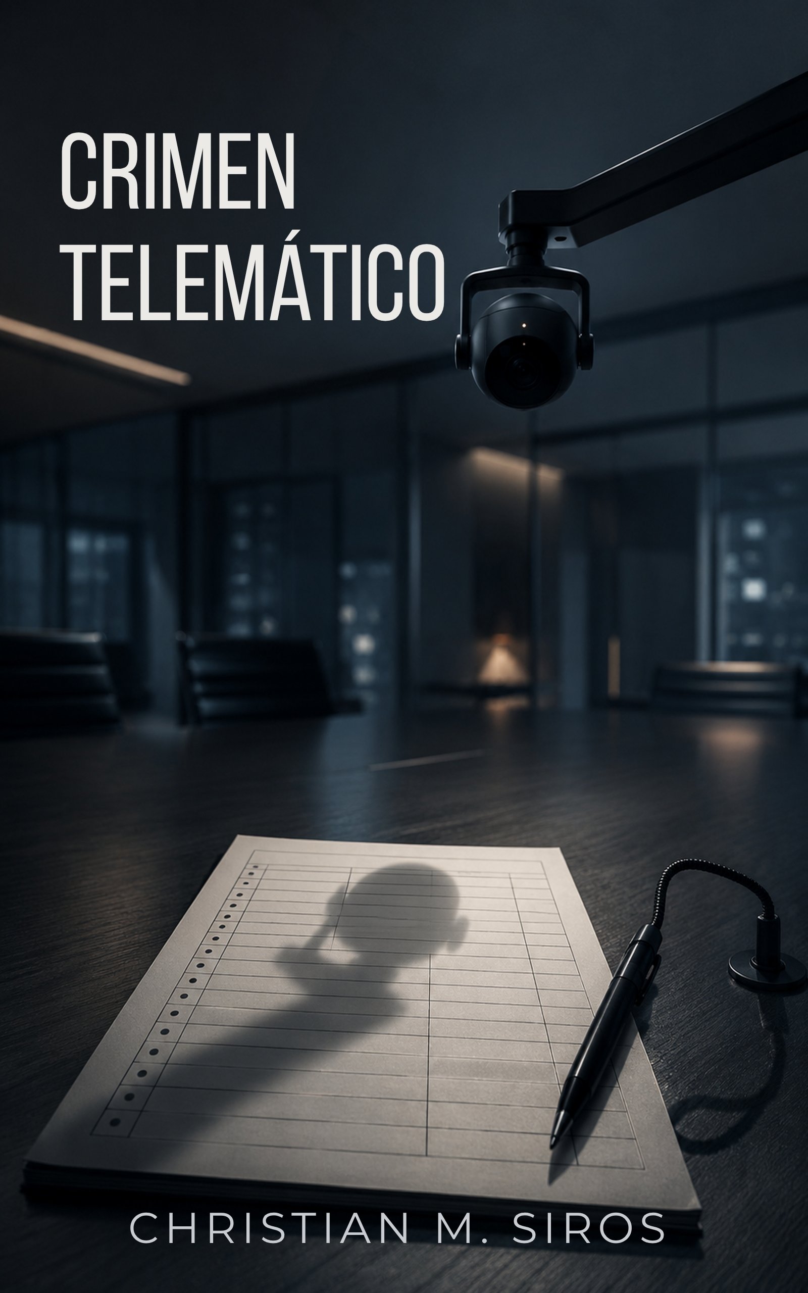 Portada de Crimen Telemático: una cámara de vigilancia sobre una sala de reuniones vacía, con un acta y un lápiz sobre la mesa