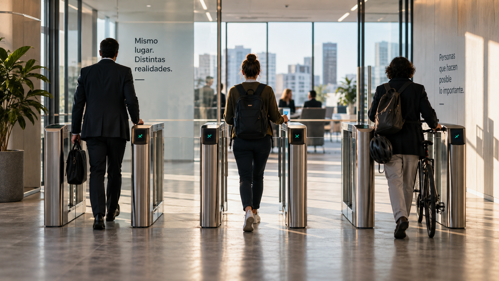 Personas con distintas formas de llegar al trabajo atraviesan un acceso común a una oficina